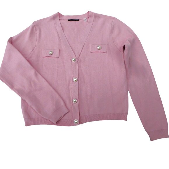 T Tahari Pink Knit Cardigan Pearlized Gold Rimmed Button Front L Librarian Large - Picture 2 of 9
